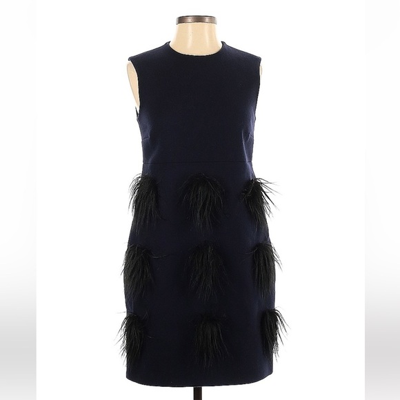 Stella McCartney- Navy Wool Sleeveless Mini Dress with Black Faux Fur Pom Poms